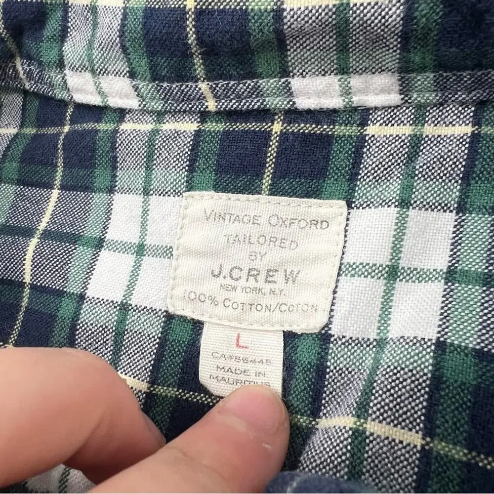 J. Crew Men’s Vintage Oxford Button Down Plaid Navy Blue Green Shirt Long Sleeve
